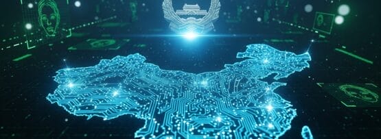 回路パターン、顔認識グラフィック、地図の上に光る中国政府の紋章が描かれた中国のデジタル地図。.