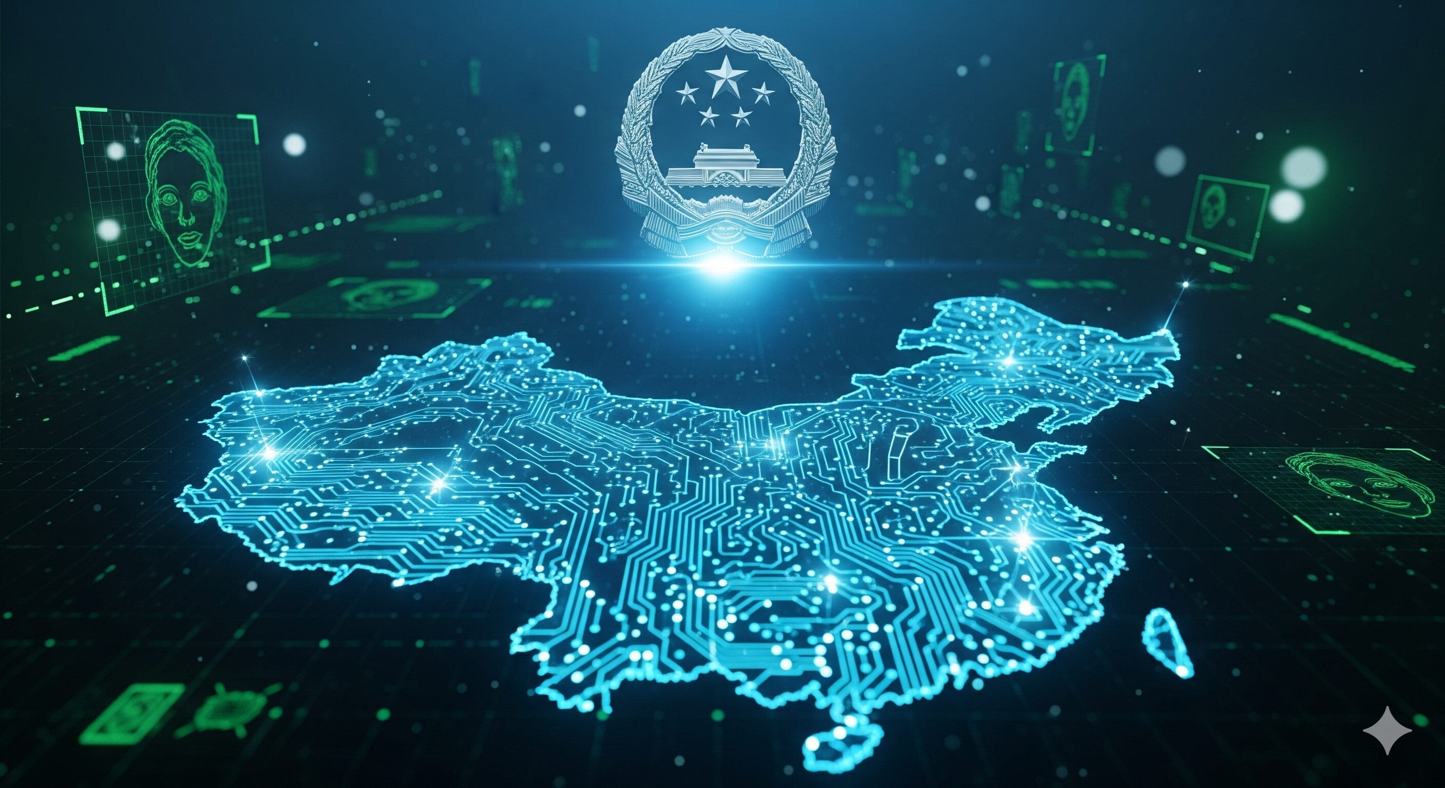 回路パターン、顔認識グラフィック、地図の上に光る中国政府の紋章が描かれた中国のデジタル地図。.