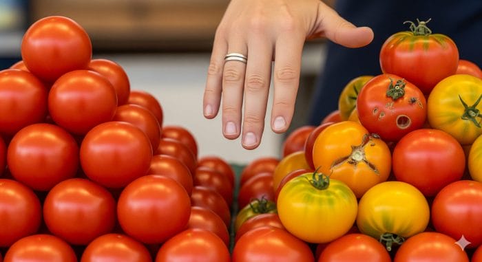 完璧な見た目のトマトと、自然な不揃いのトマトの間で選択をためらう消費者の手