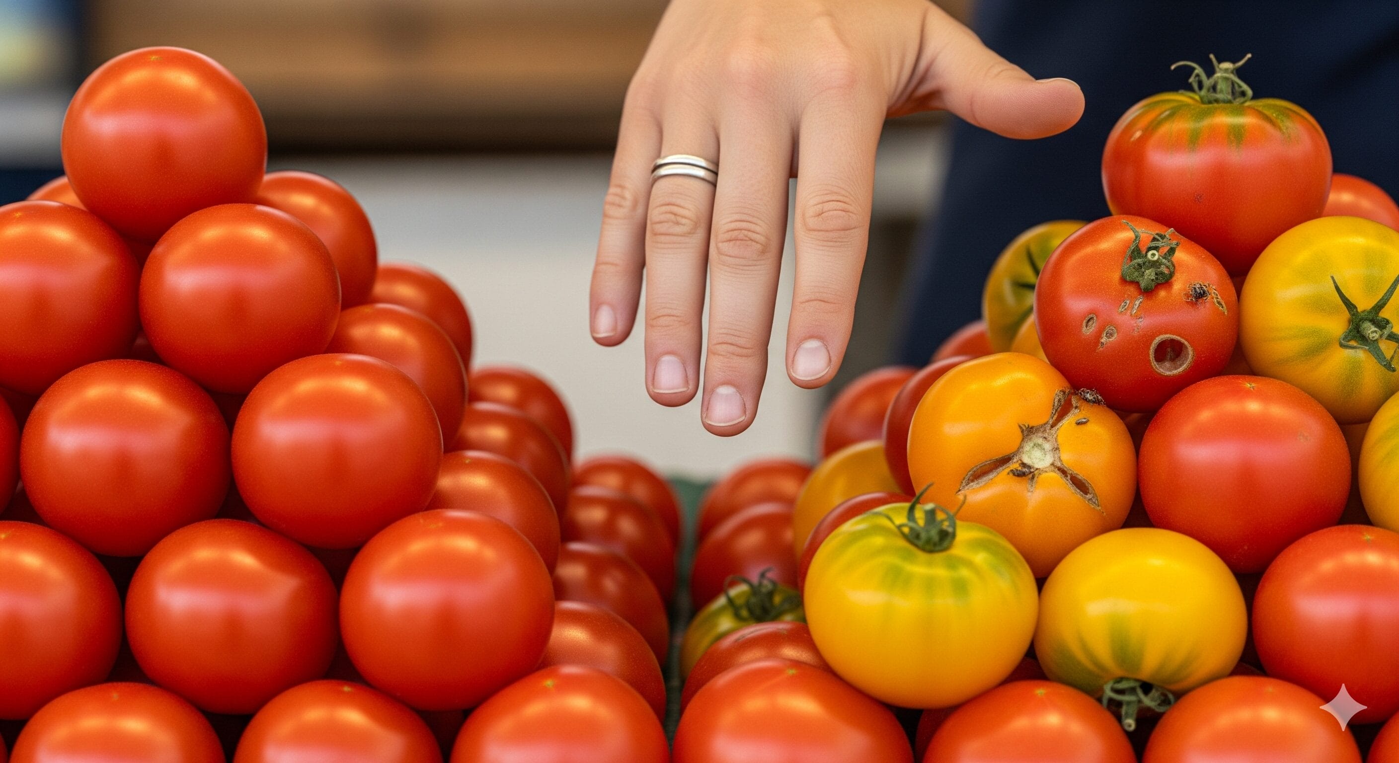 一様に赤いトマトの山の隣に陳列された、黄色と赤のトマトの山に向かって伸びる手。.