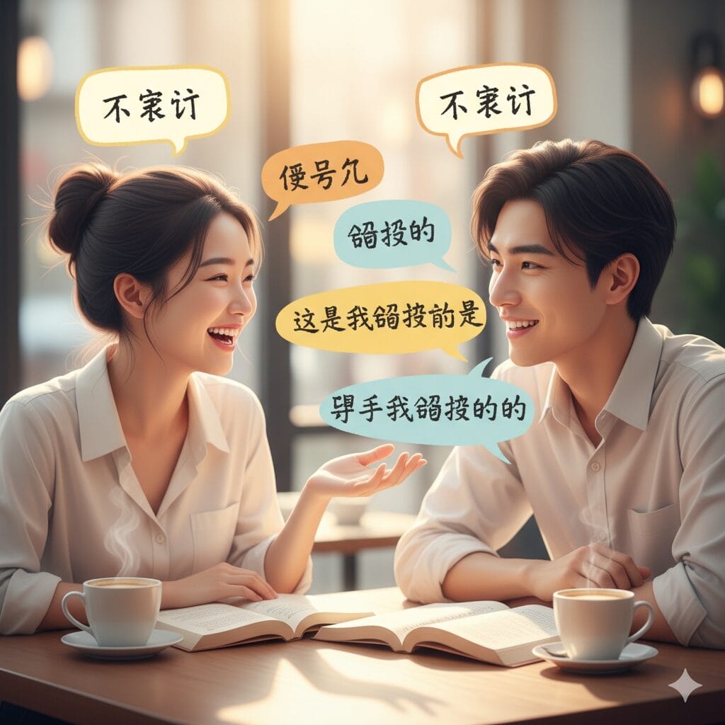 二人の若い大人が本を開いたテーブルに座り、微笑みながら中国語で会話している。.