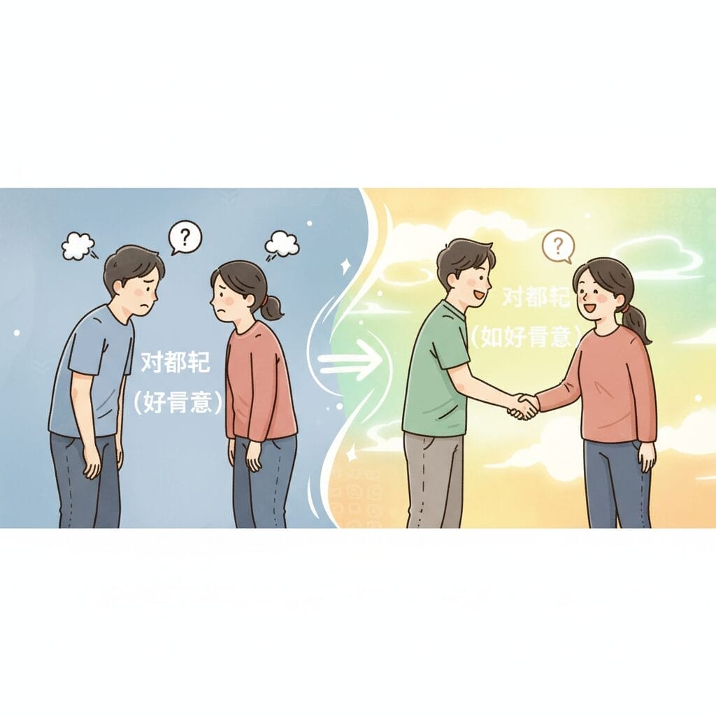 左側では表情が定まらない2人が向かい合い、右側では笑顔で握手をしている。両面に中国語の文字がある。.