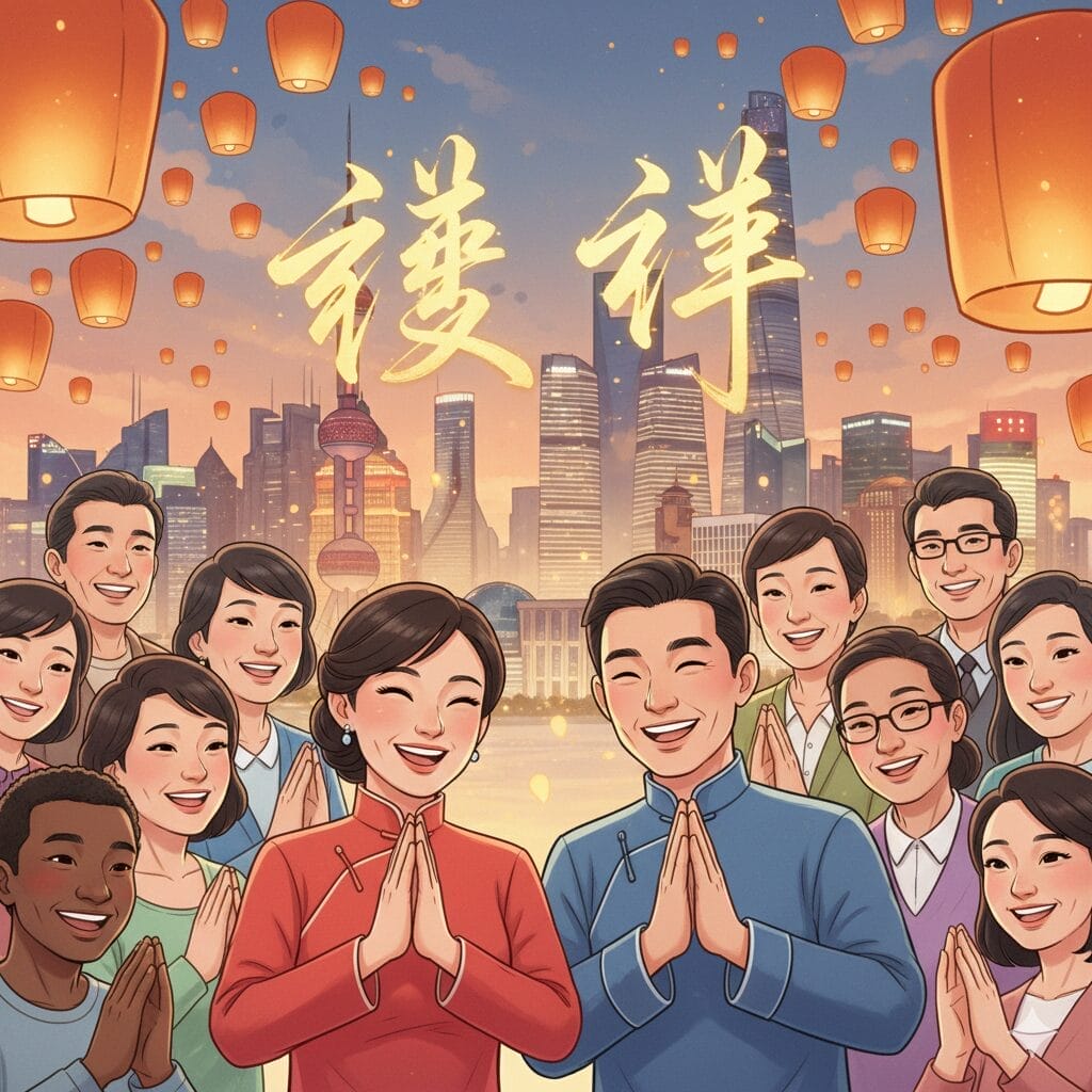 夕暮れの街並みを背景に、空に浮かぶランタンと頭上に輝く漢字、そして笑顔で立ち尽くす人々。.