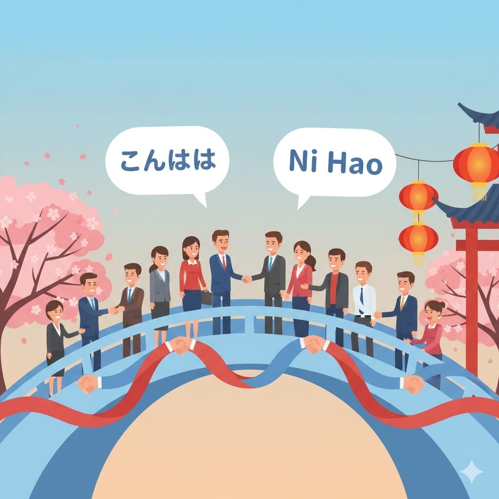 桜と提灯に囲まれ、リボンで飾られた橋の上に立ち、握手を交わし、日本語と中国語で挨拶を交わすビジネスマンたち。.