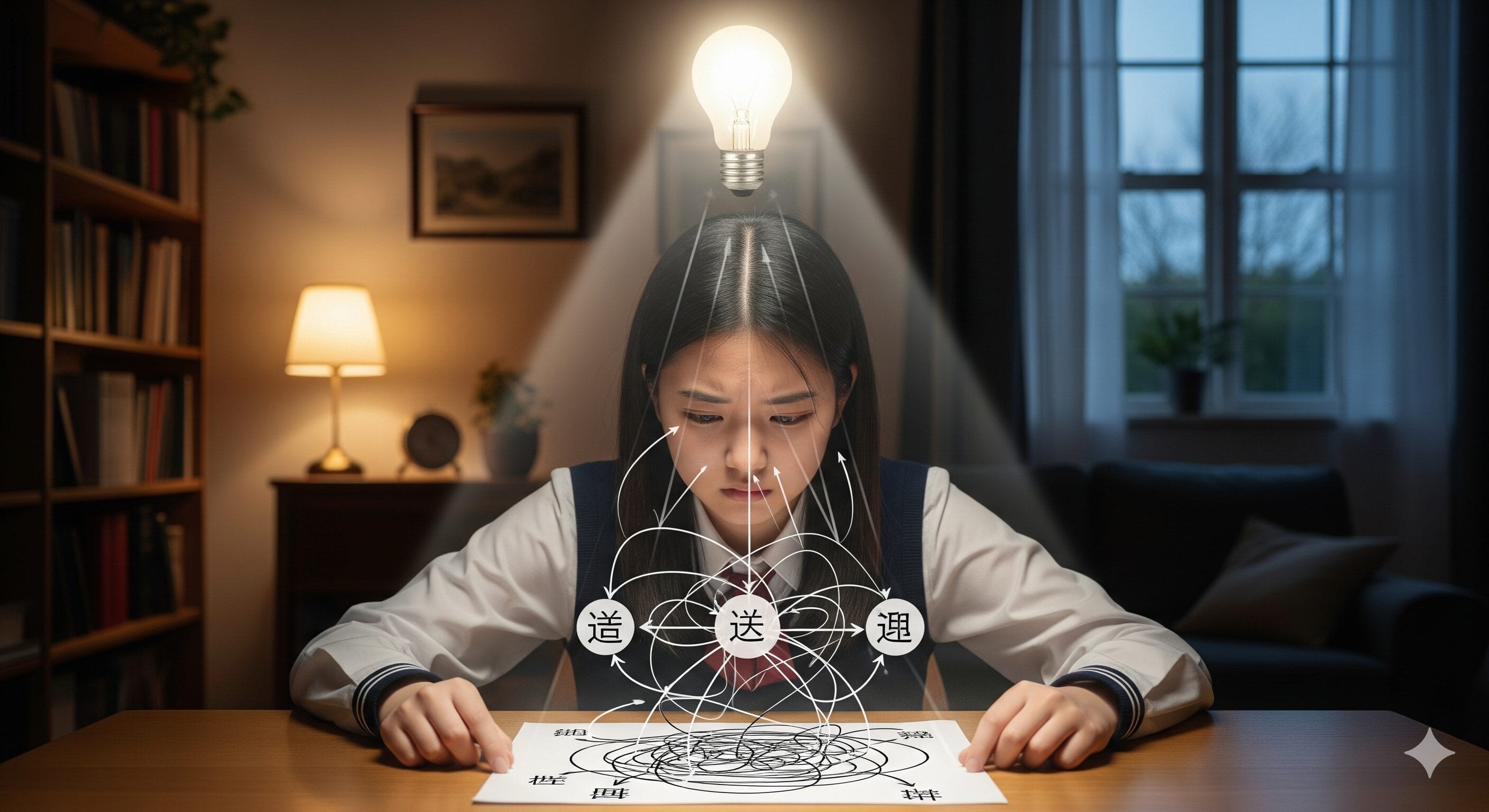 夕暮れ時、棚と窓のあるこぢんまりとした部屋で、電球に照らされた机に向かって複雑な日本語の図を研究する若い女性。.