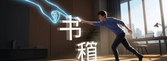 大きな窓から日差しが差し込む中、オフィスの男が上から伸びる青く光る手で光る漢字に触れている。.