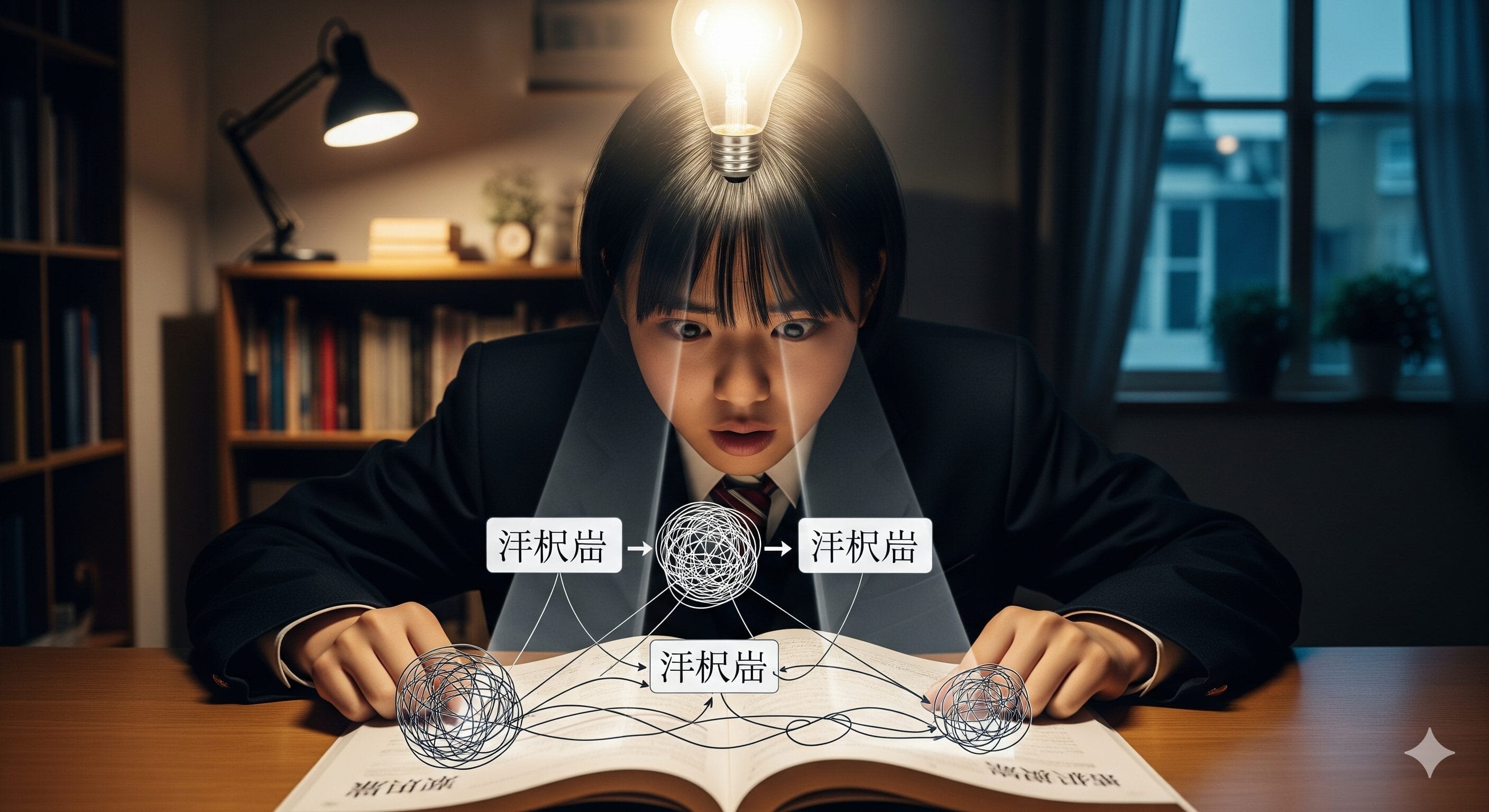 スーツを着た学生が、開いた本を熱心に見つめている。頭の上には電球が灯り、ページの上には中国語で書かれた抽象的な図が浮かんでいる。.