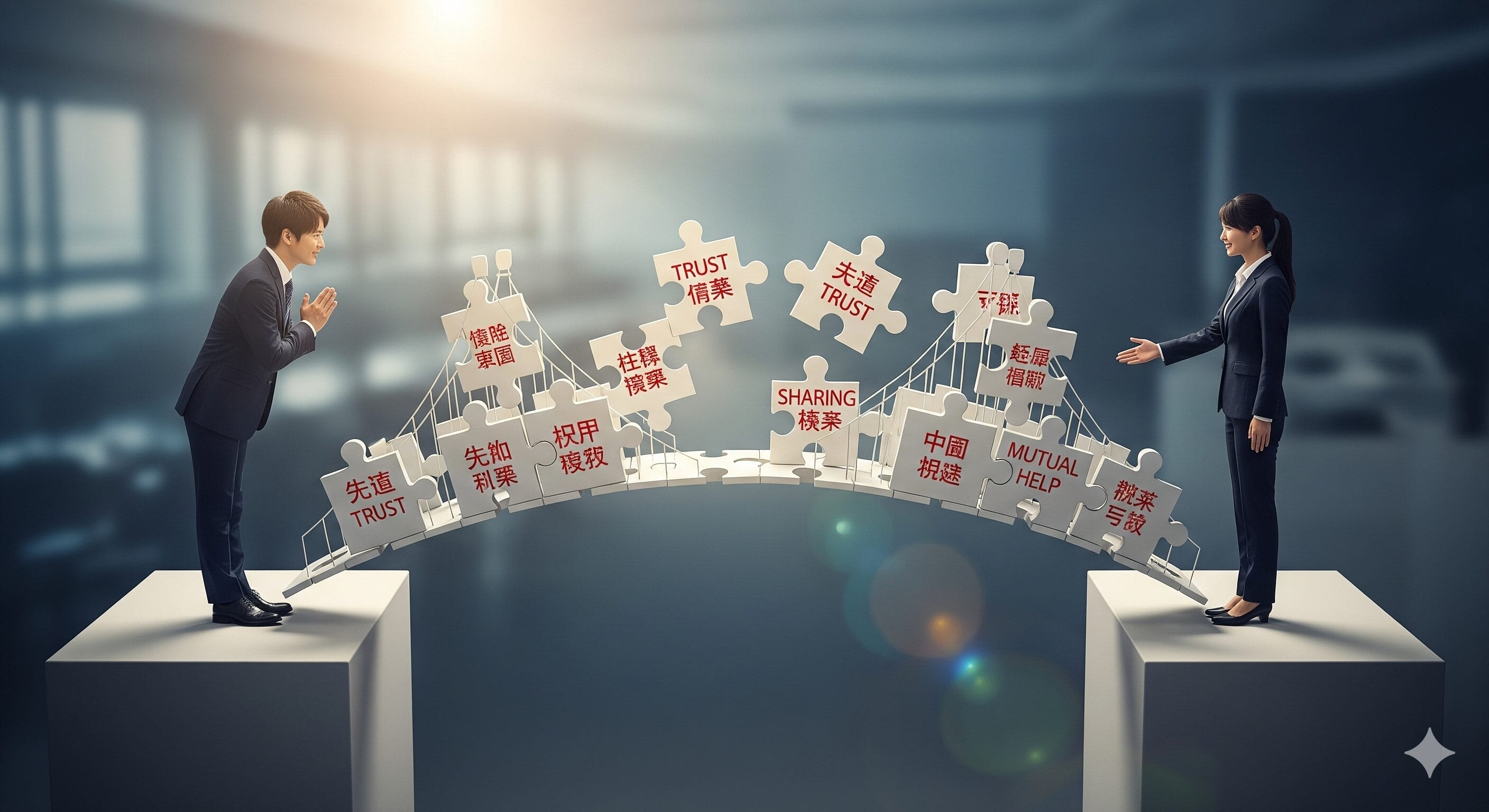 男女が別々の台の上に立ち、"信頼 "や "共有 "といった英語と中国語の単語が書かれたパズルのピースをつなげて、2人の間に象徴的な橋をかけている。.