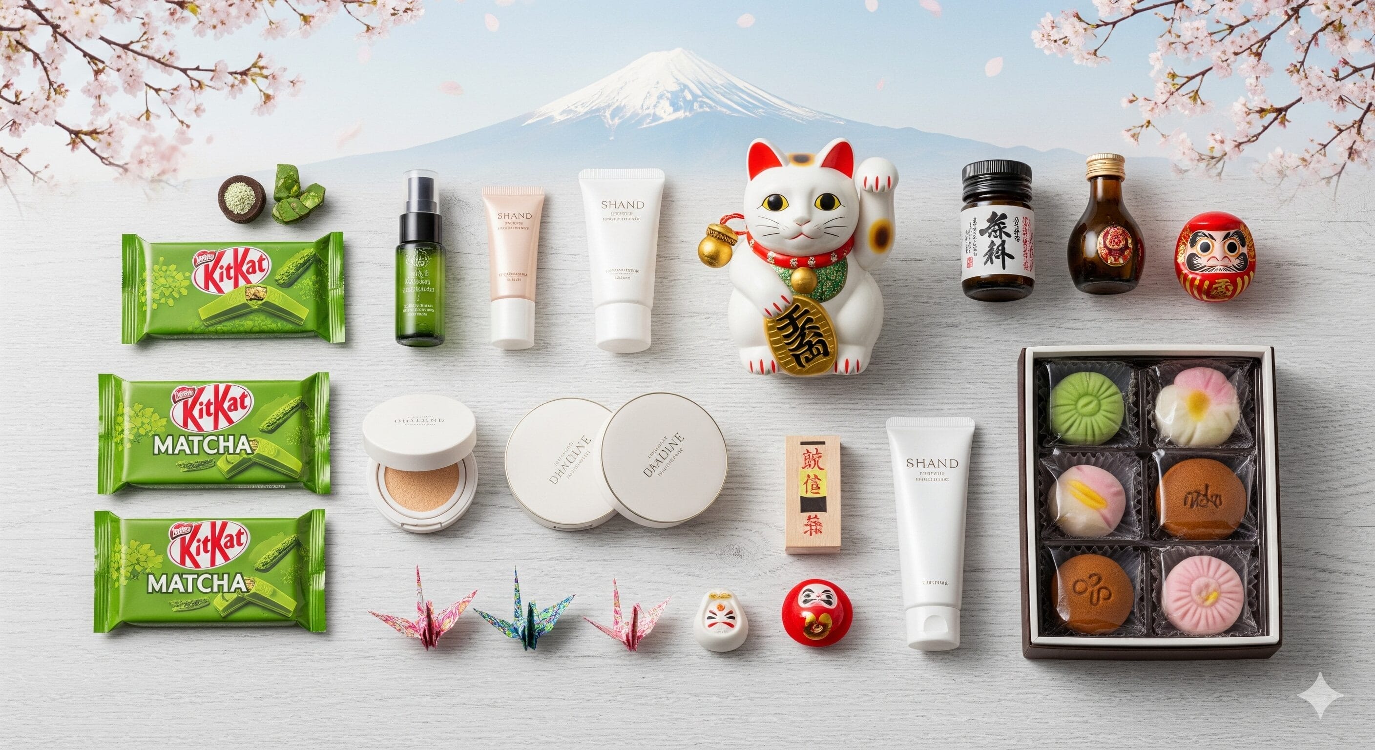 抹茶キットカット、化粧品、置物、折り鶴、お菓子の詰め合わせ、瓶など、和をテーマにした商品を桜と富士山をバックに平積み。.