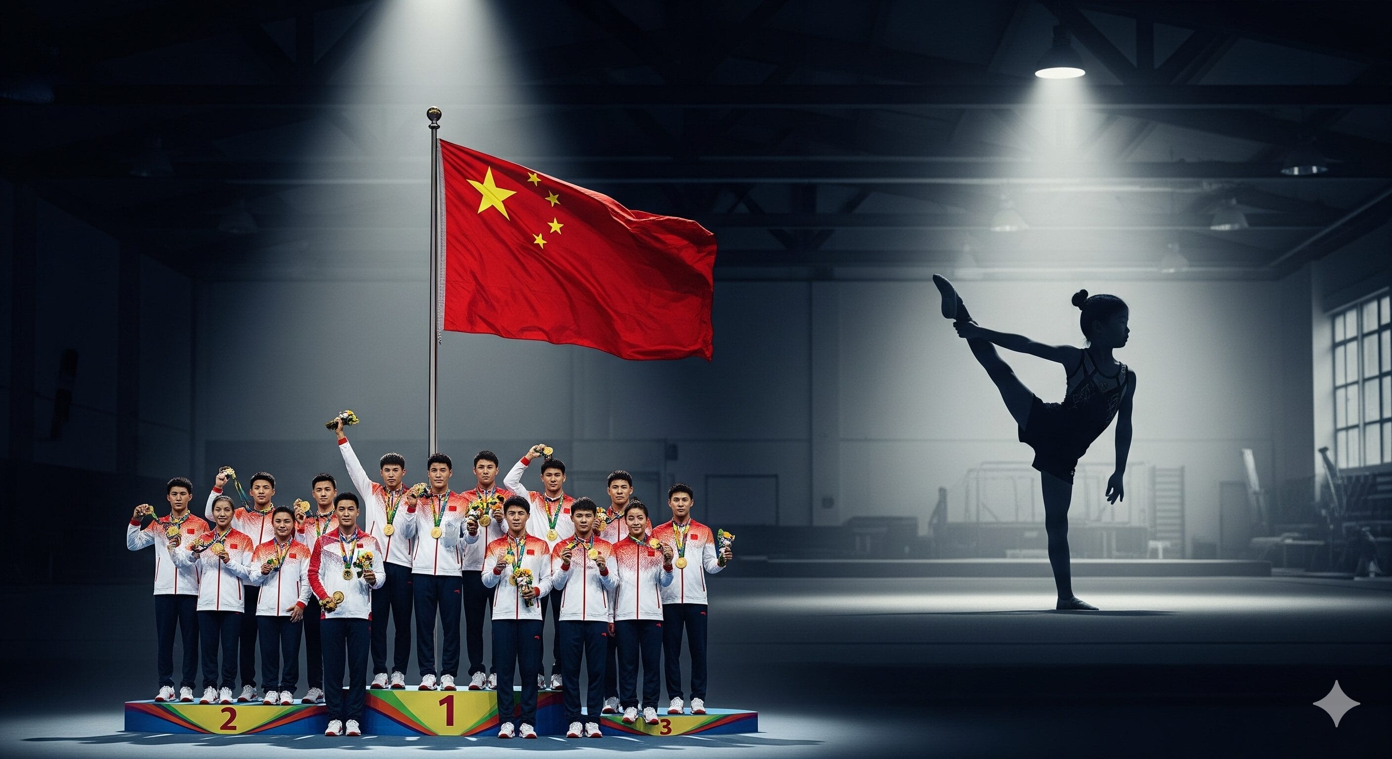 揃いのユニフォームを着た選手たちが、大きな中国国旗の下でメダルとトロフィーを手に表彰台に立ち、体操選手が薄暗い体育館でポーズをとっている。.
