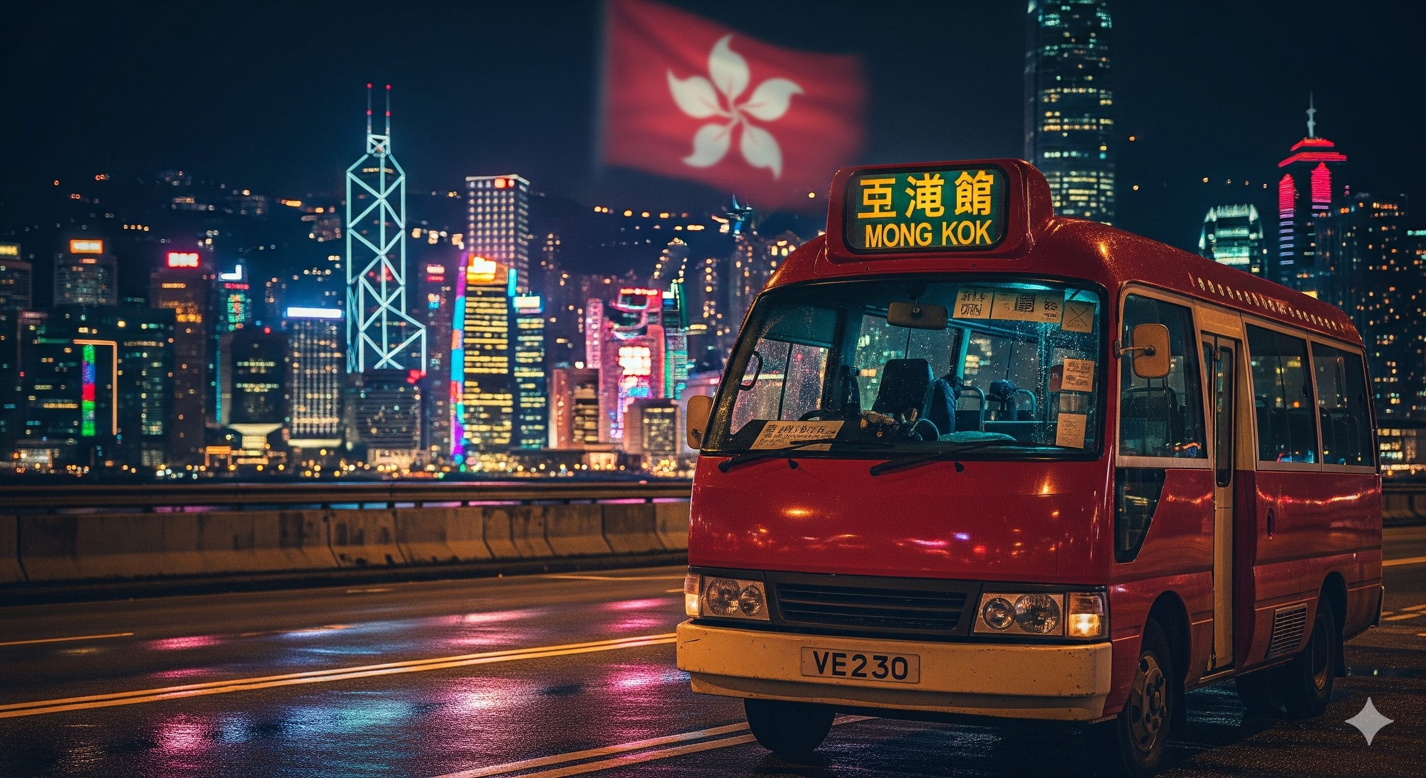 旺角」と書かれた赤いミニバスが濡れた夜道を走り、背景には香港のスカイラインと大きな香港国旗がライトアップされている。.