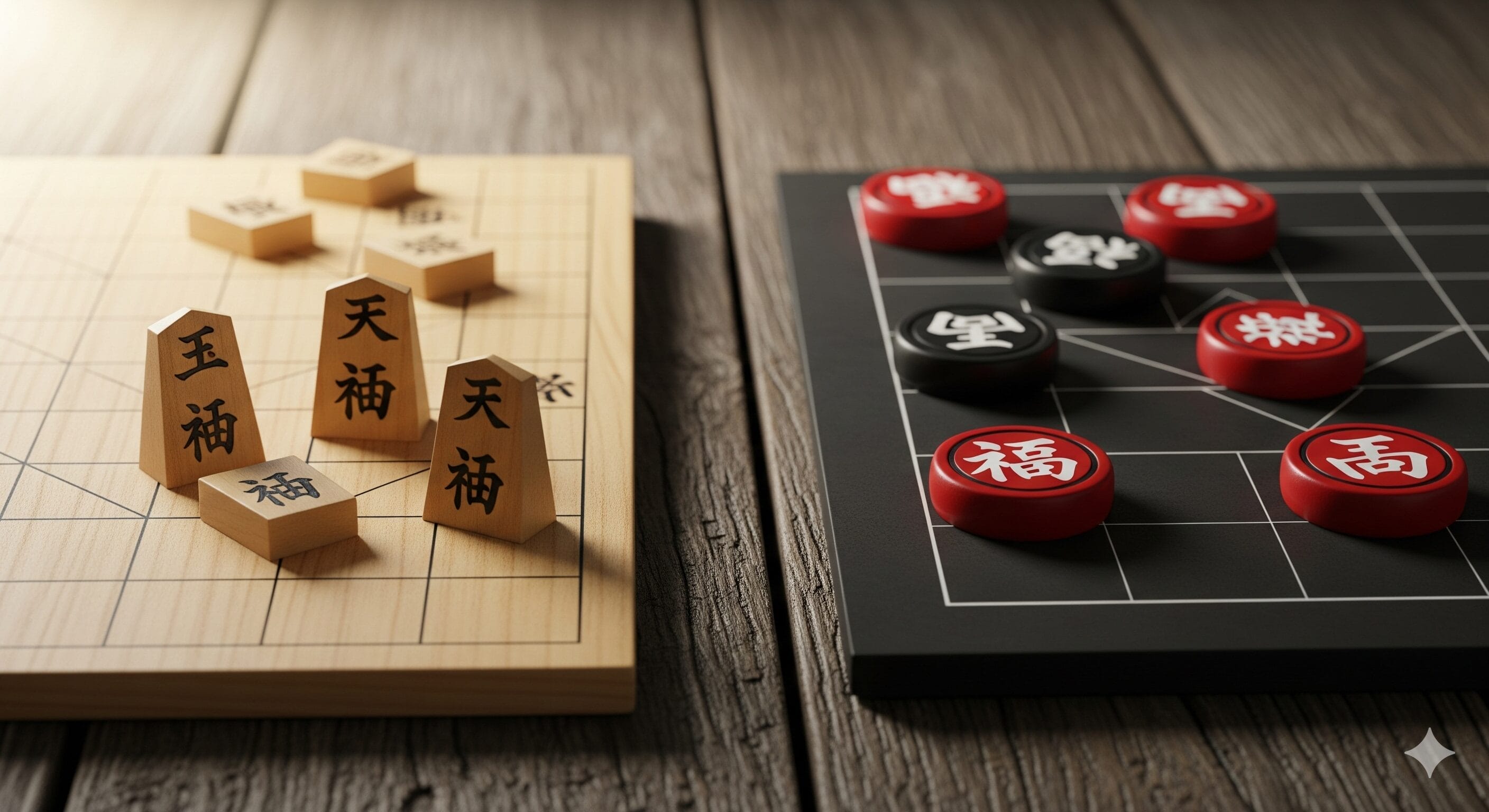 木製の駒が並べられた将棋盤と、赤と黒の丸い駒が並べられた象棋盤。.