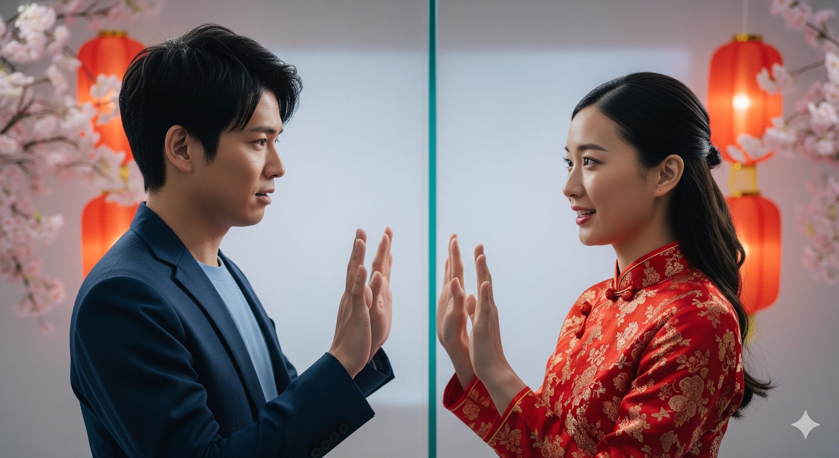赤い提灯と桜の飾りに囲まれ、ガラスの仕切りに向かって手を上げて向かい合う男女。.
