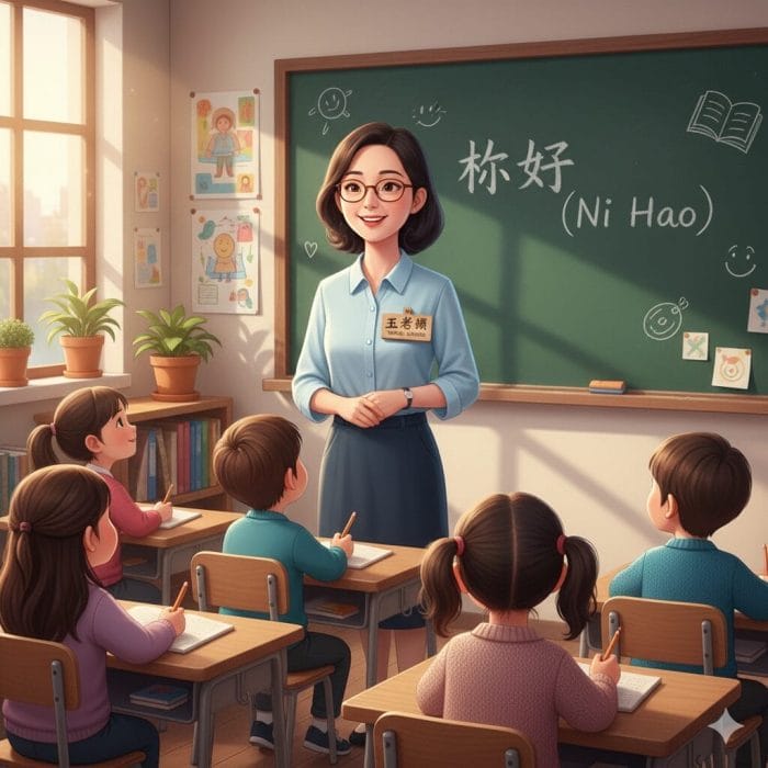 教室で生徒に教える中国人の女性教師（王老师）