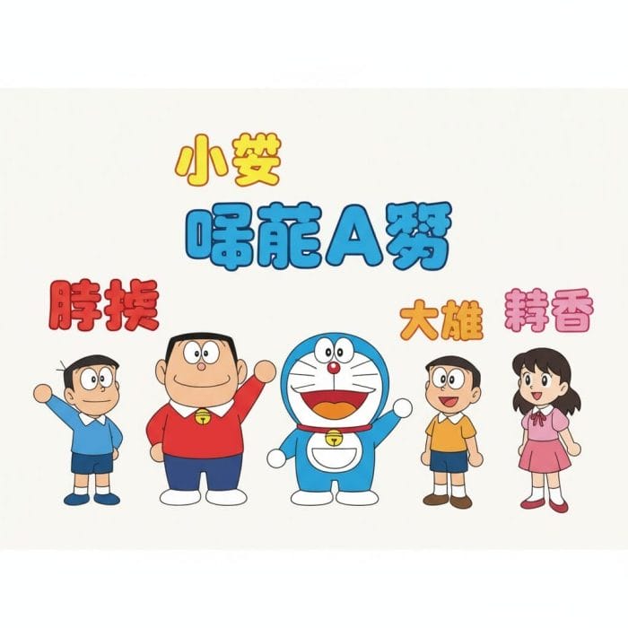 ドラえもんとのび太、しずか、ジャイアン、スネ夫と中国語名