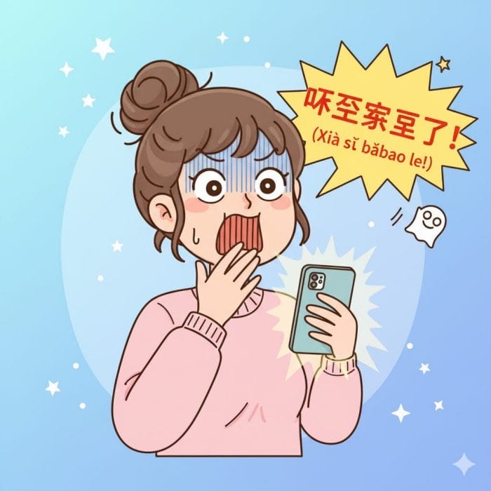 スマホを見て「吓死宝宝了!」と驚く若者