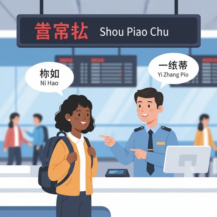 中国の駅の切符売り場で会話するイラスト