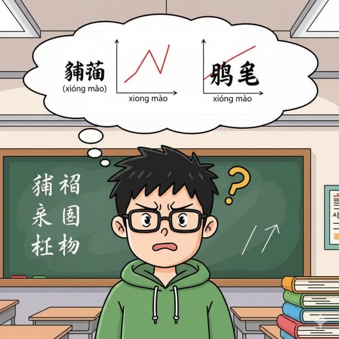 「熊猫」と「胸毛」の発音の違いに悩む学習者のイラスト