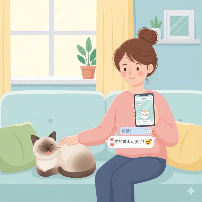 スマートフォンで愛猫の性格について中国語でチャットする女性のイラスト