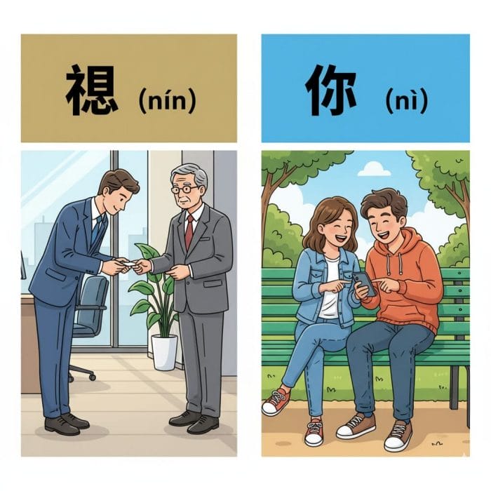 フォーマルな場面の「您」とカジュアルな場面の「你」の使い分けを示すイラスト