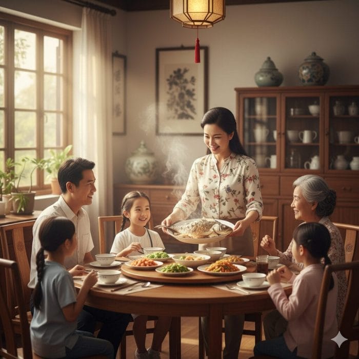 母親が食卓に料理を運び、家族が笑顔で見つめているシーン
