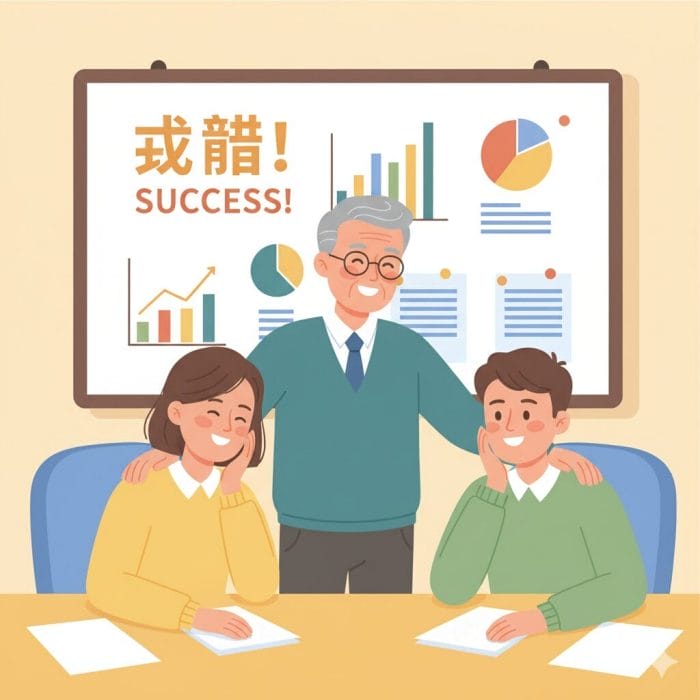 プロジェクトを成功させたチームを上司が労っているイラスト