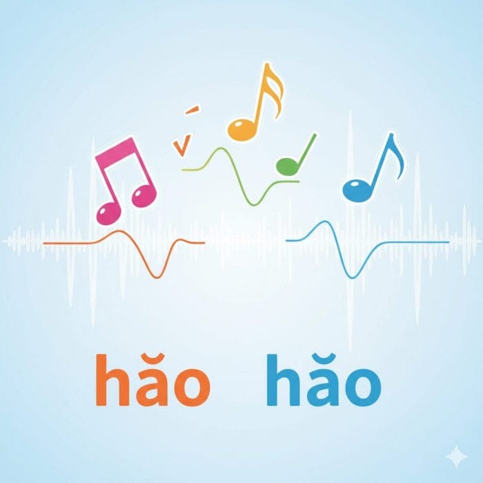 中国語の声調を視覚的に表現したカラフルな音符のイラスト