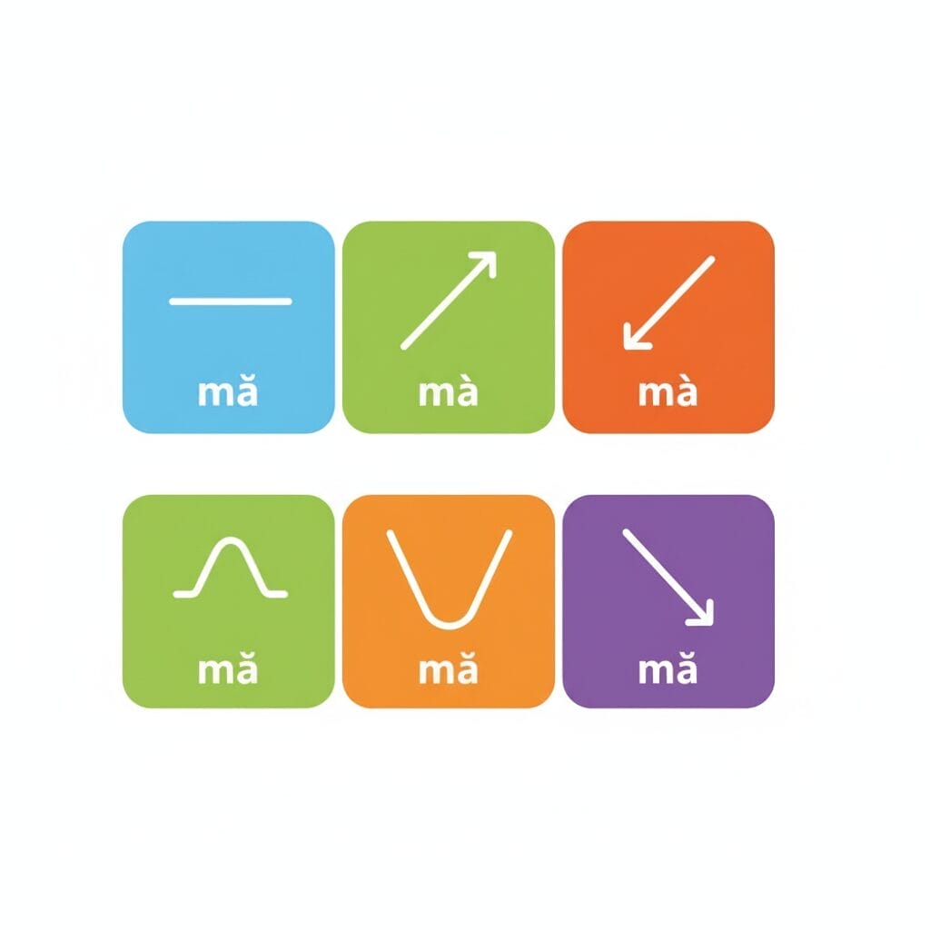 6色の正方形は異なるベトナム語の声調記号を示し、それぞれに対応する声調輪郭線と、声調発音記号付きの音節 "ma "がある。.