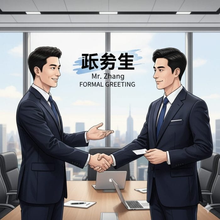 ビジネススーツの男性が握手している「先生（xiānsheng）」のイメージ