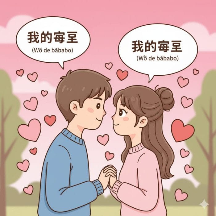 恋人同士が「我的宝宝」と呼び合う甘いイラスト