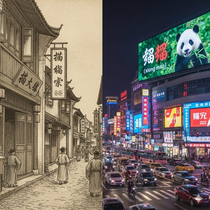 古い縦書きの「猫熊」と現代の横書きの「熊猫」の対比