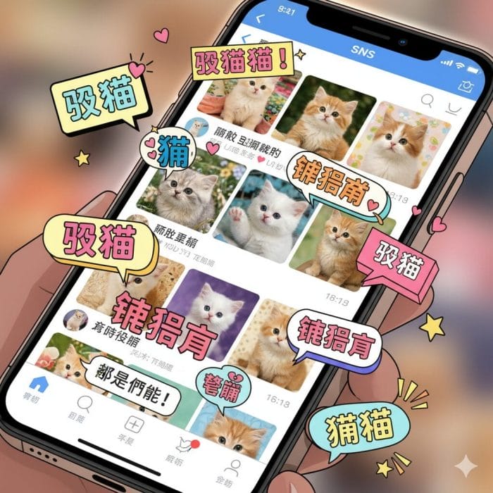 猫に関する中国語スラングが表示されたスマホ画面のイラスト