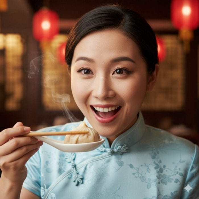小籠包を食べて感動の表情を浮かべる女性