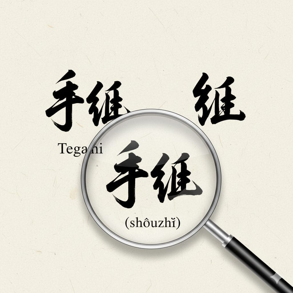 虫眼鏡が漢字を強調し、各文字の下に日本語（テガミ）と中国語（ショウザイ）の読みが表示される。.