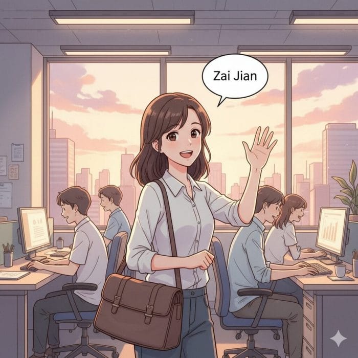 夕暮れのオフィスで同僚に手を振って帰る女性のイラスト