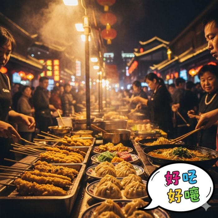 中国の市場で美味しい屋台料理を楽しむ人々。周りに「好吃」「好喝」の文字。