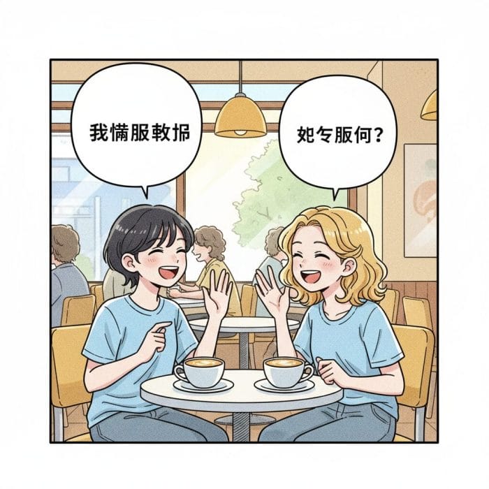 カフェで偽中国語の吹き出しで会話する若者たちのイラスト