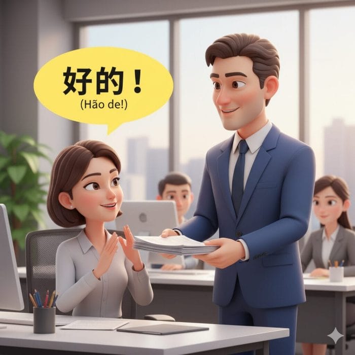 ビジネスシーンで「好的！」と返事をする女性社員