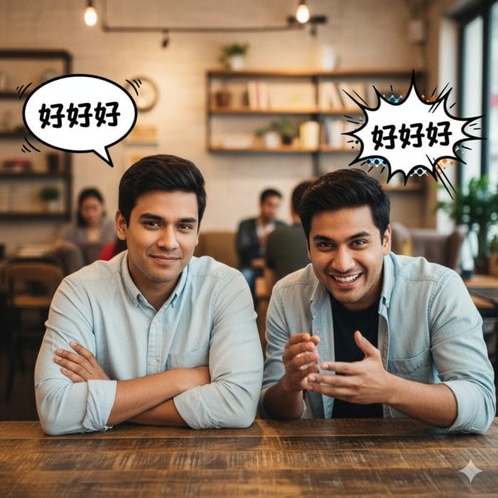 友人が笑顔で「好好好」と言う一方で、もう一人が少し呆れた顔で「好好好」と返すカフェの風景