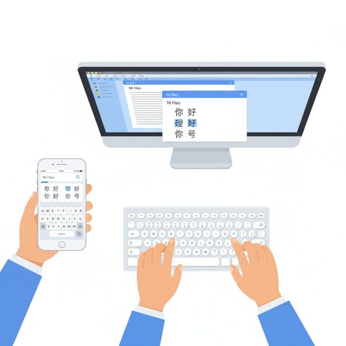 スマートフォンとPCで中国語のピンイン入力（Ni Hao）をしている様子