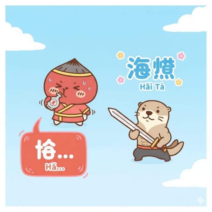 お酒を飲むくりまんじゅう（栗子饅頭）と剣を構えるラッコ（海獺）