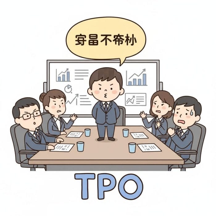 ビジネス会議で「宝宝不开心」と言ってしまい、上司や同僚に引かれているイラスト