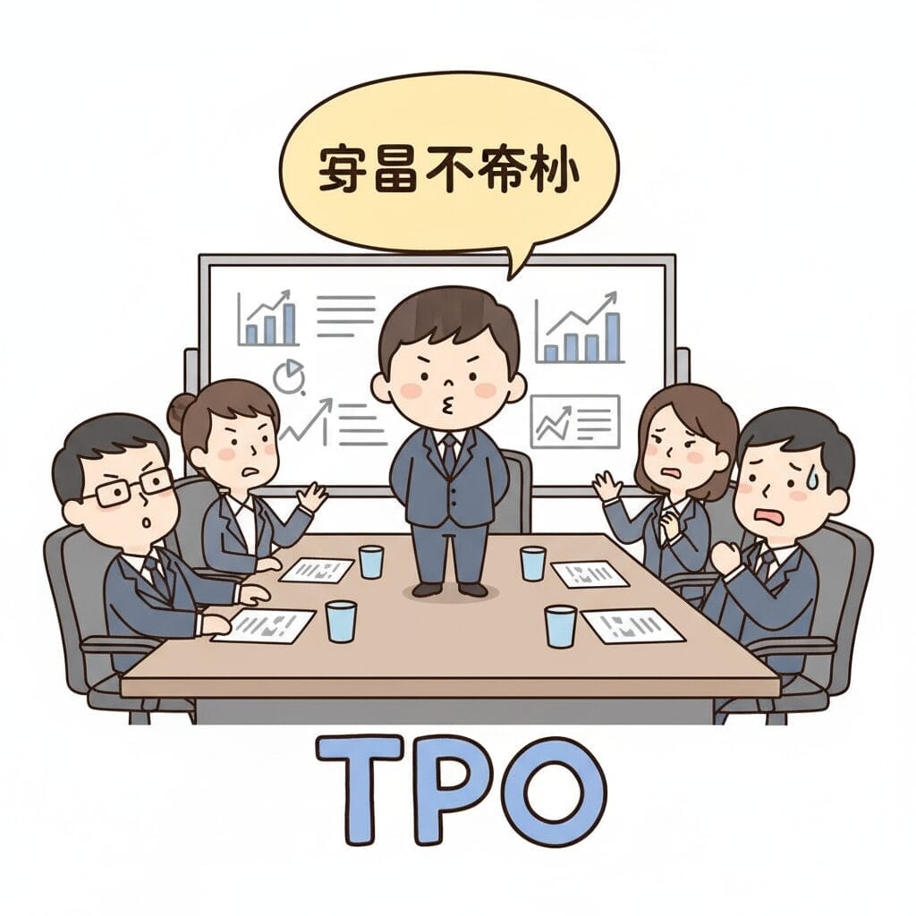 ビジネス会議で「宝宝不开心」と言ってしまい、上司や同僚に引かれているイラスト