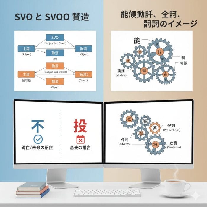 能願動詞、介詞、副詞が文章の構成要素として機能する抽象的なイラスト