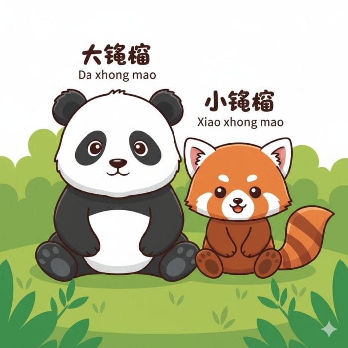 ジャイアントパンダとレッサーパンダが仲良く並んでいるイラスト