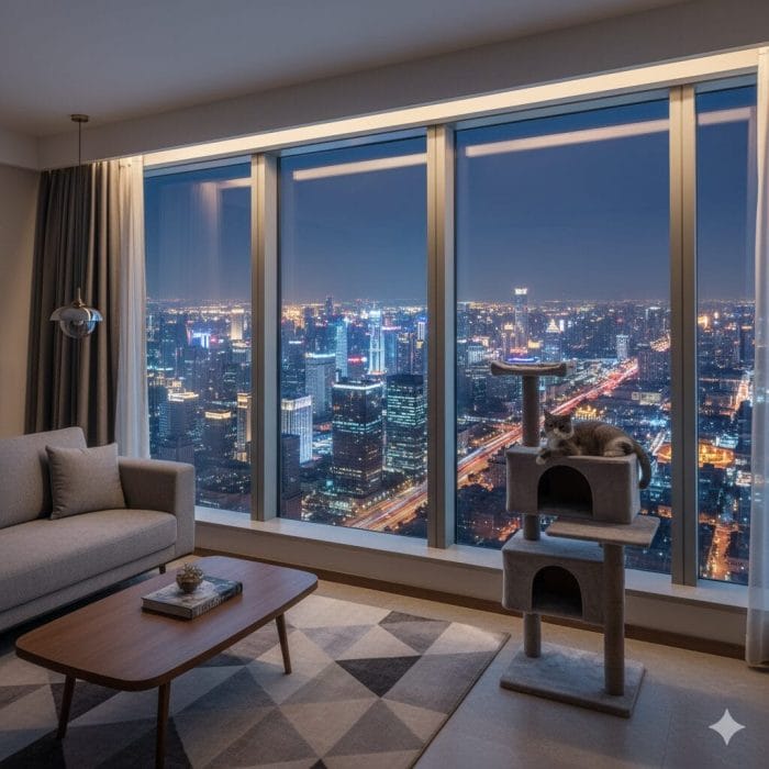 中国の都会のマンションで夜景を眺めるブリティッシュショートヘア