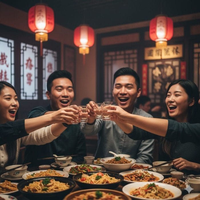 中国のレストランで白酒のグラスを手に乾杯している人々