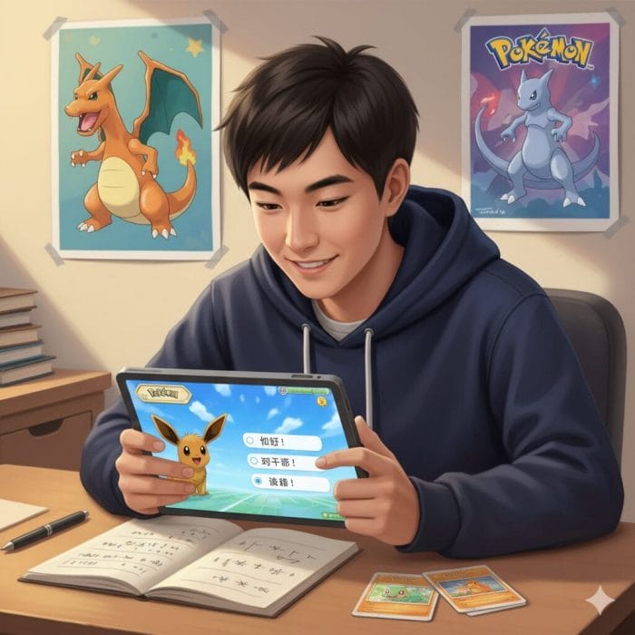 タブレットで中国語版のポケモンゲームをプレイしている学習者