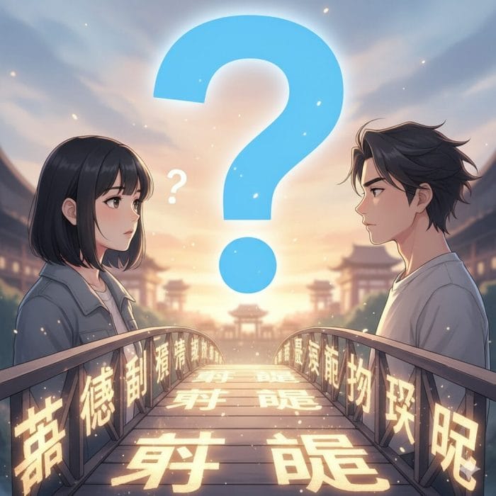 日本人と中国人が漢字の橋で繋がりかけているイラスト