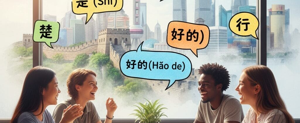 4人がテーブルにつき、ノートとお菓子を手に言語交換をしている。彼らの頭上には中国語の吹き出しが浮かんでいる。窓からは街のスカイラインが見える。.